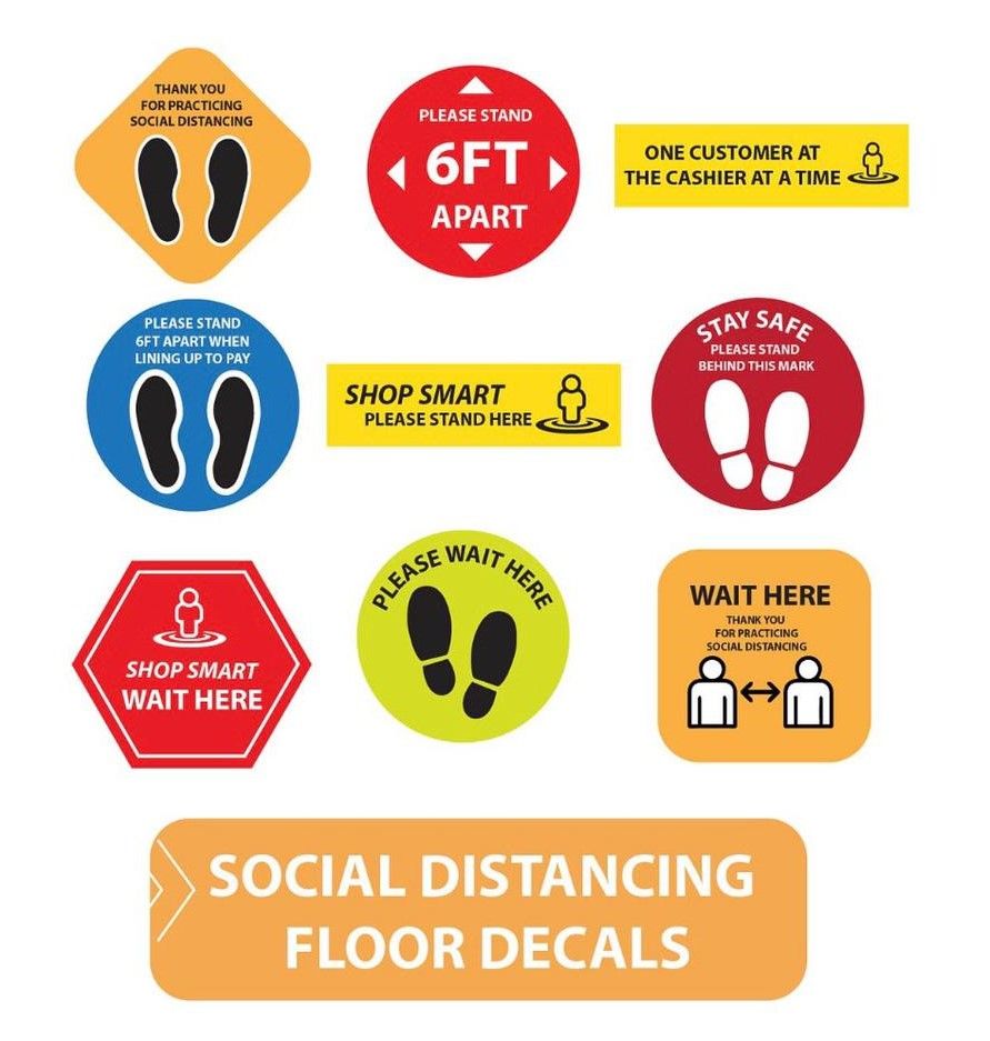 social distancing signage and floor decals